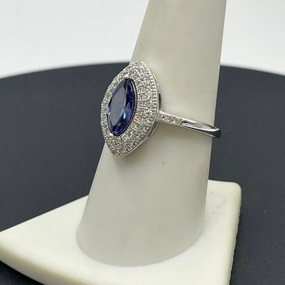 Sterling Silver Marquise Iolite CZ Double Halo Ring Size 8.75 Vintage Style - Picture 3 of 10